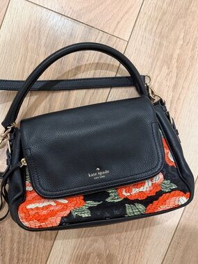 Kate Spade NY Hudson Black Leather Shoulder Bag with Org/red Floral Needlepoint
